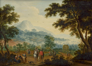 Lot 6028, Auction  110, Beschey, Charles, Weite Hügellandschaft mit Reitern und Landvolk