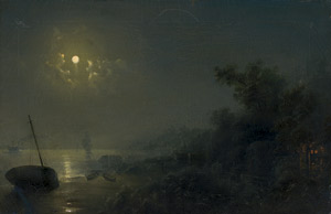 Lot 6086, Auction  110, Deutsch, um 1840. Vollmond über einer Meereslandschaft, rechts kleine beleuchtete Wirtschaft.