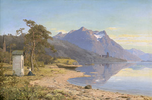 Lot 6138, Auction  110, Kieldrup, Anton Edvard, Betendes Mädchen bei einer Kapelle an einem Gebirgssee