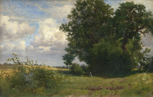 Lot 6167, Auction  110, Grünenwald, Jacob, Voralpenlandschaft mit Baumgruppe, Kirchturm und Heuernte