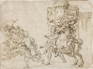 Lot 6408, Auction  110, Italienisch, um 1580. Reitergefecht vor einem Stadttor