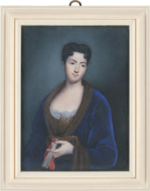Lot 6813, Auction  110, Deutsch, um 1730. Bildnis einer jungen Dame im blauen, mit Pelz verbrämten Samtmantel