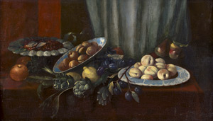 Lot 6028, Auction  111, Spanisch, 17. Jh. Früchtestillleben mit Aprikosen, Kischen und Artischocken