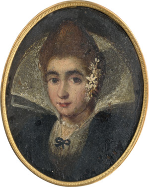 Lot 6039, Auction  111, Italienisch, Anfang 17. Jh. Bildnis einer jungen Frau mit hochgestelltem Kragen, in den Haaren ein Blütenzweig