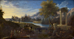 Lot 6054, Auction  111, Niederländisch, um 1690. Flusslandschaft mit antikem Monument und eleganter Reisegesellschaft