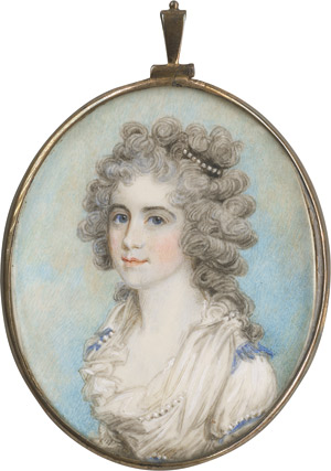 Lot 6844, Auction  111, Englisch, 19. Jh. Bildnis einer jungen Frau im weißen dekolletierten Kleid mit gepuderter Percker 