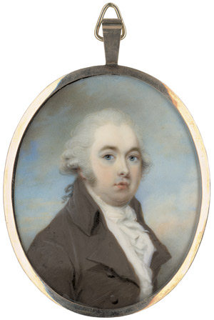 Lot 6857, Auction  111, Englisch, um 1790. Junger Mann mit weißgepuderter Perücke in brauner Jacke mit weißer Weste