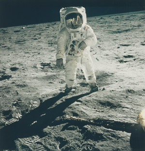 Lot 4261, Auction  112, NASA, "Buzz" Aldrin with Neil Armstrong and Lunar Module reflected in his gold-plated visor