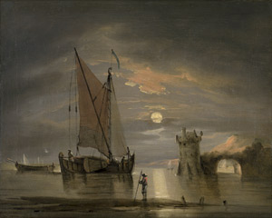 Lot 6731, Auction  112, Niederländisch, um 1800. Mondschein über einer Bucht mit Booten auf ruhiger See, im Hintergrund ein Schlossturm
