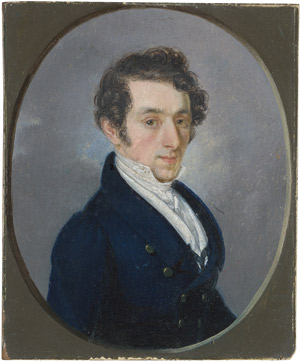 Los 6802 - Deutsch - um 1825/1830. Bildnis eines jungen Mannes in dunkelblauer Jacke und weißer Weste mit hohem Kragen und Halsbinde. - 0 - thumb