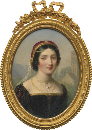 Los 6805 - Laurent, Jean-Antoine - Bildnis einer reich geschmückten jungen Frau im "style Troubadour" in Landschaft mit Kirche - 0 - thumb