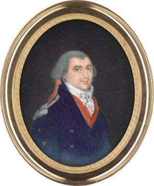 Lot 6810, Auction  112, Französisch, um 1790/1795. Bildnis eines jungen Mannes in blauer Uniform mit rotem Kragen und Silberepaulette, roter Weste und geknoteter weißer Halsbinde