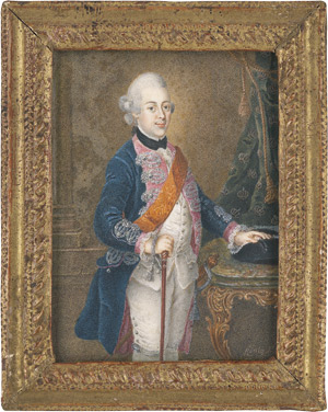 Los 6822 - König, Anton Friedrich - Bildnis König Friedrich Wilhelm II. von Preußen (1744-1797) als Kronprinz, in rosa gefütterter blauer Uniform mit Ordensband des Königlich Preußischen Schwarzen-Adlerordens, mit Dreispitz, Säbel und Spazierstock in Interieur vor Säule und grüner Draperie - 0 - thumb