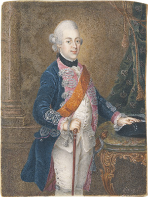 Los 6822 - König, Anton Friedrich - Bildnis König Friedrich Wilhelm II. von Preußen (1744-1797) als Kronprinz, in rosa gefütterter blauer Uniform mit Ordensband des Königlich Preußischen Schwarzen-Adlerordens, mit Dreispitz, Säbel und Spazierstock in Interieur vor Säule und grüner Draperie - 1 - thumb