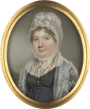 Lot 6838, Auction  112, Englisch, um 1810/1815. Bildnis einer Frau mit weißer Spitzenhaube und besticktem Spitzenschal  
