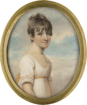 Lot 6840, Auction  112, Smith, Emma, Bildnis der Miss Raper aus York in weißem Kleid mit gelbem Gürtelband, vor wolkigem Himmelhintergrund.