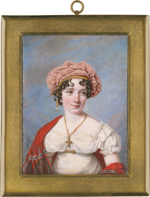 Lot 6843, Auction  112, Theweneti, Lorenzo, Bildnis einer jungen Frau in weißem Kleid mit besticktem rotem Kaschmirschal und rosa Turban mit Goldtroddel,vor wolkigem Himmelhintergrund