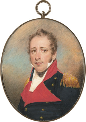 Los 6847 - Kendrick, Emma Eleonora - Bildnis des Colonel James Doddington Sherwood, H. E. I. (geb. um 1769), in blauer Uniform mit roten Revers und Kragen, mit goldfarbigen Epauletten, vor Himmelhintergrund. - 0 - thumb