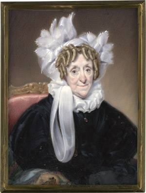 Lot 6850, Auction  112, Cruickshank, Frederick, Bildnis der Mrs Richard Strangways (1760-1840) in schwarzem Kleid mit weißer Halskrause und weißem Kopfputz, auf rot gepolstertem Sessel sitzend