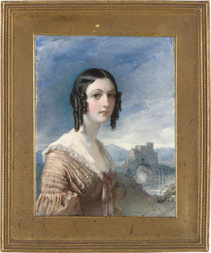 Los 6851 - Thorburn, Robert - Bildnis einer jungen Frau in altrosa Kleid mit weißem Spitzenkragen, vor gebirgigem Landschaftshintergrund mit Brücke über Fluß. - 0 - thumb