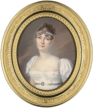 Lot 6861, Auction  112, Fontallard (eigentlich Gérard), Jean-François, Bildnis einer jungen Frau in weissem Satinkleid, eine perlenbesetzte Ferronnière im gelockten Haar