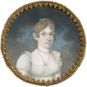 Lot 6867, Auction  112, Buchner, Georg Paul, Zwei Miniaturen: Bildnis einer jungen Frau in weißem Kleid, mit Perlenschnüren im blonden Haar, vor bewölktem Himmelhintergrund; und Bildnis eines Mannes   