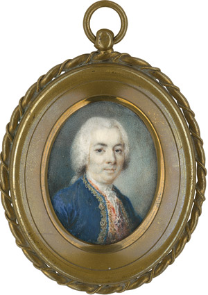 Lot 6872, Auction  112, Französisch oder Italienisch, um 1760/1770. Bildnis eines jungen Mannes in blauer Jacke mit goldbesticktem Rand, ein Ordeskreuz an rotem Band um seinen Hals. 