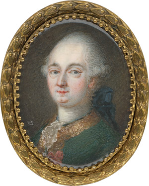 Lot 6873, Auction  112, Französisch, um 1765/1770. Bildnis eines Mannes in goldgeränderter grüner Jacke mit weißer Halsbinde und Spitzenjabot, eine rote Schleife, wohl für Orden, an der Brust.