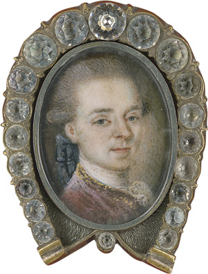 Lot 6875, Auction  112, Österreichisch, um 1770/1775. Bildnis eines jungen Mannes, angeblich Wolfgang Amadeus Mozart, in goldgerändertem lila Gewand mit weißem Spitzenjabot und schwarzem Perückenbeutel