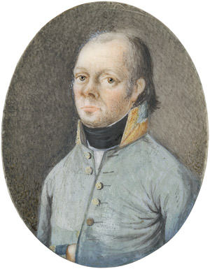 Lot 6876, Auction  112, Deutsch, um 1800. Junger Offizier in blauer Uniform mit gelbem Kragen und schwarzer Halsbinde