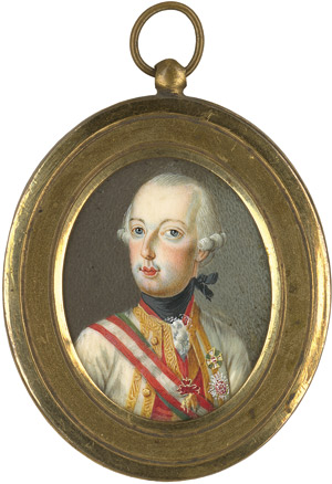 Lot 6878, Auction  112, Österreichisch, um 1780. Bildnis Joseph II., Heiliger Römischer Kaiser Deutscher Nation (1741-1790), in weißer Uniform und Ordensschärpen des Maria-Theresienordens über dem ungarischen St. Stephansorden mit den dazugehörigen Bruststernen und dem Goldenen Vlies