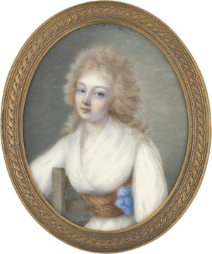 Lot 6880, Auction  112, Desvernois, François-Joseph, Bildnis einer jungen Frau in weißem Kleid und goldfarbigem Gürtel mit blauer Scheife, ihr rechter Arm über einer Stuhllehne