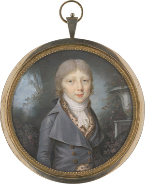 Lot 6891, Auction  112, Périn-Salbreux, Louis-Lié - Umkreis, Bildnis eines Jungen in grauer Jacke mit gepunkteter lachsfarbener Weste und weißer Halsbinde mit Jabot, vor Landschaftshintergrund mit Vase auf Stele 