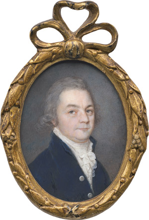 Lot 6894, Auction  112, Deutsch oder Russisch, um 1795/1800. Bildnis eines Mannes in dunkelblauer Jacke, weisser Weste und geknoteter Halsbinde mit Spitzenjabot
