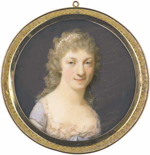 Los 6895 - Bossi, Domenico - Bildnis einer jungen Frau in fliederfarbenem Kleid mit Schleife und weissem Spitzenbesatz, Perlenschnüre im lockigen Haar - 0 - thumb