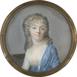 Lot 6896, Auction  112, Augustin, Jean-Baptiste Jacques, Bildnis der Maria Elisabeth Laregnère, geb. Baelde (geb. 1775) aus Rotterdam, in weißem Kleid mit hellblauem Schal, eine Goldkette im lockigen blonden Haar