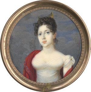 Lot 6908, Auction  112, Weixlbaum, Michael, Bildnis einer jungen Frau in weissem Kleid und rotem Schal, ein Goldkamm in ihrem Haar