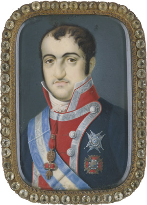 Los 6911 - de la Cruz y Rios, Luis - zugeschrieben - Bildnis König Ferdinand VII. von Spanien (1784-1833) in blauer Uniform mit silbergeränderten roten Aufschlägen und Kragen, mit Goldenem Vlies und Schärpe und Bruststern des Carlos III Ordens - 0 - thumb