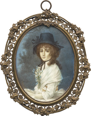 Lot 6925, Auction  112, Europäisch, spätes 19. Jahrhundert. Bildnis einer jungen Frau mit dunkelblauem Hut, in weißem Kleid vor Waldhintergrund sitzend
