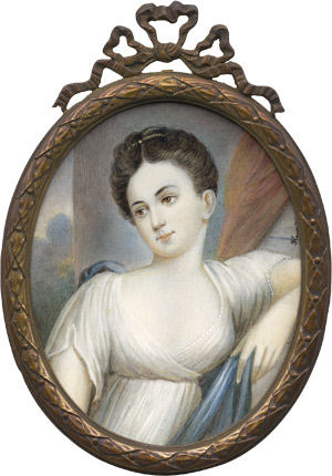 Los 6929 - Kontinentaleuropäisch - spätes 19. / frühes 20. Jahrhundert. Bildnis einer jungen Frau in weißem Gazekleid mit blauem Schal, vor rotem Vorhang, Säule und Landschaftshintergrund  - 0 - thumb