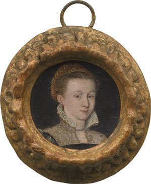 Lot 6011, Auction  113, Venezianisch, um 1560. Bildnis einer jungen Frau in schwarzem Kleid mit geschlitzten Ärmeln, Gaze über dem Dekolleté, weißem Rüschenkragen.