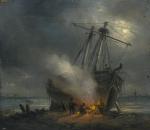 Lot 6141, Auction  113, Niederländisch, 19. Jh. Seeleute am Lagerfeuer bei Vollmond am Strand