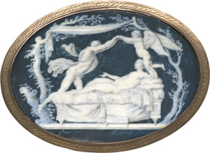 Lot 6467, Auction  113, De Gault, Jacques-Joseph, Galante Szene: Amor zieht einen eilenden, fast nackten Mann auf ein Bett, in dem eine nackte Frau in einladender Pose liegt. Camaieu auf schieferblauem Grund.