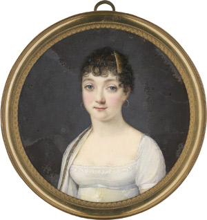 Lot 6547, Auction  113, Chateaubourg, Charles-Joseph de La Celle de, Bildnis einer jungen Frau mit Goldkamm in der kurzen Lockenfrisur, in weißem Gazekleid mit bestickter Bordüre, ein weißer Kaschmirschal mit buntem Rand über ihrer rechten Schulter.