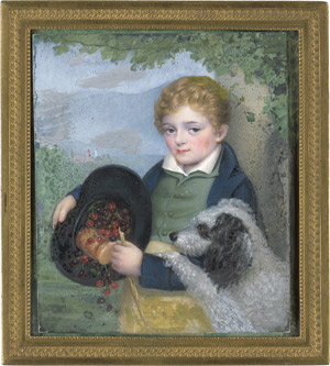 Lot 6559, Auction  113, Lachaud de Loqueyssie geb. Hebenstreit, Emilie, Kinderbildnis des Bruders der Künstlerin, Moritz Hebenstreit, einen schwarzen Hut gefüllt mit roten und dunklen Kirschen haltend, ein Hund diese begehrend, unter Baum mit Laub stehend mit Ausblick auf Landschaft links. Entlang des Bildrandes signiert.