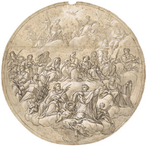 Lot 6944, Auction  113, Italienisch, 17. Jh. Die Madonna auf Wolken mit Heiligen, im Himmel die Hl. Dreifaltigkeit