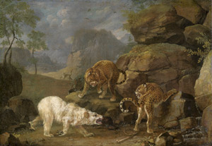 Lot 6012, Auction  114, Ridinger, Johann Elias, Landschaft mit zwei Leoparden und Eisbär