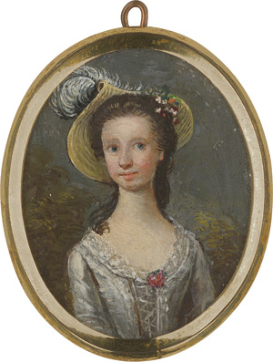 Lot 6372, Auction  114, Highmore, Joseph - Nachfolge, Bildnis einer jungen Frau in hellgrauem Seidenbrokatkleid, im Haar ein Strohhut mit Straußenfeder