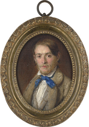 Lot 6373, Auction  114, Deutsch oder Österreichisch, um 1840. Bildnis eines bärtigen jungen Mannes in beiger Jacke und grauer Weste mit blauem Halstuch 