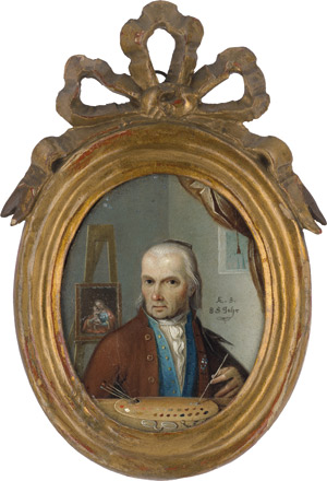 Lot 6374, Auction  114, Süddeutsch oder Österreichisch, um 1790/1800. Miniaturenpaar: Selbstbildnis eines Malers mit Palette vor Staffelei mit Gemälde, und Bildnis seiner Gattin, ein Vergissmeinnicht haltend